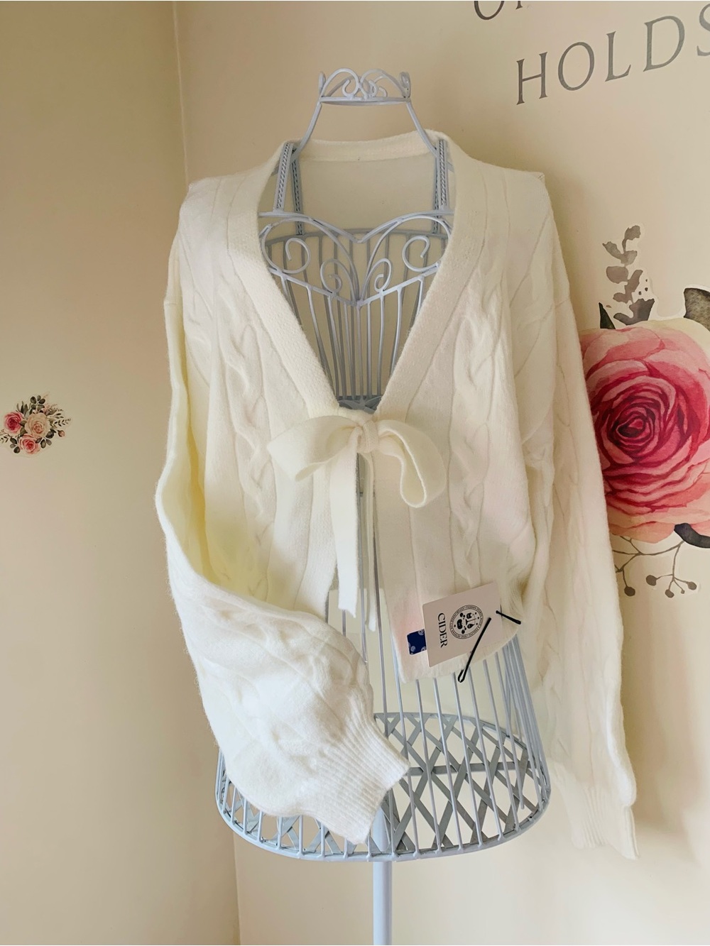 Cider Cable Knit  Bow Tie Front Cardigan Bunny Soft White XL Cozy Romantic - Picture 2 of 15